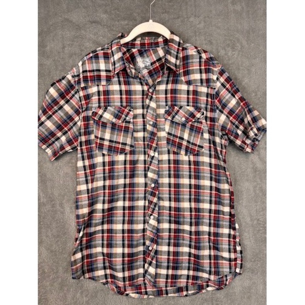 Casual Country Mens Western Short Sleeve Pearl Snap Plaid Shirt Red‎ Blue Large